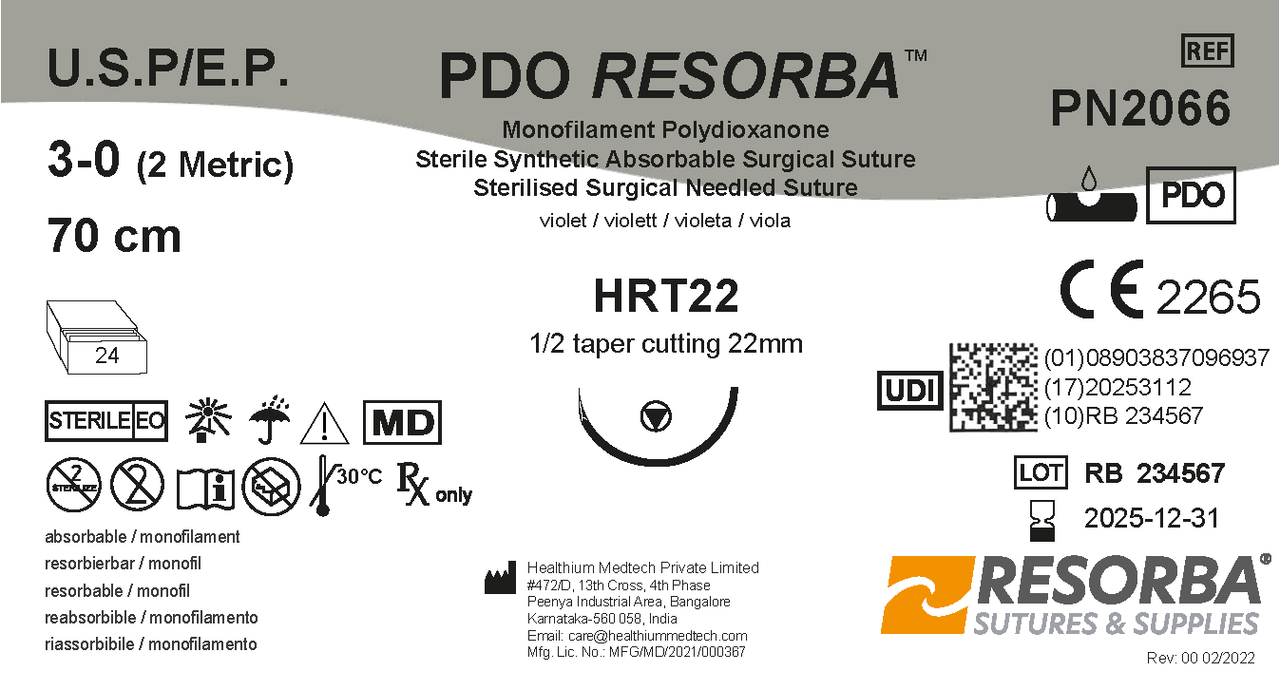 ПДО Ресорба USP3-0 фіолетовий, довж 70см, кол. голка з ріж.вістр.22 мм, 1/2кола